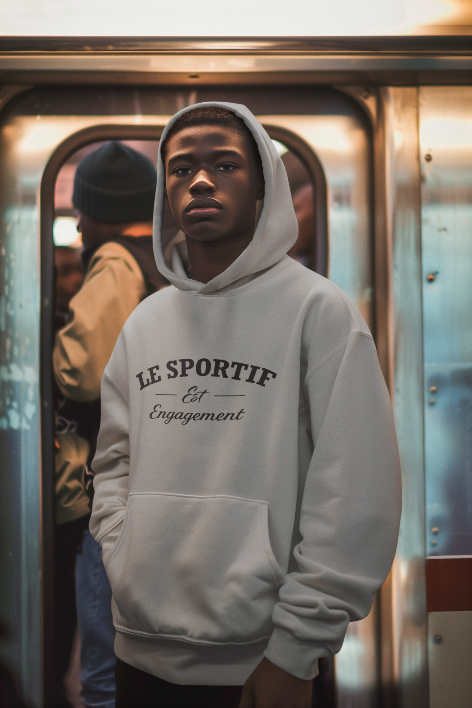 Person wearing a Le Sportif hoodie on a subway train